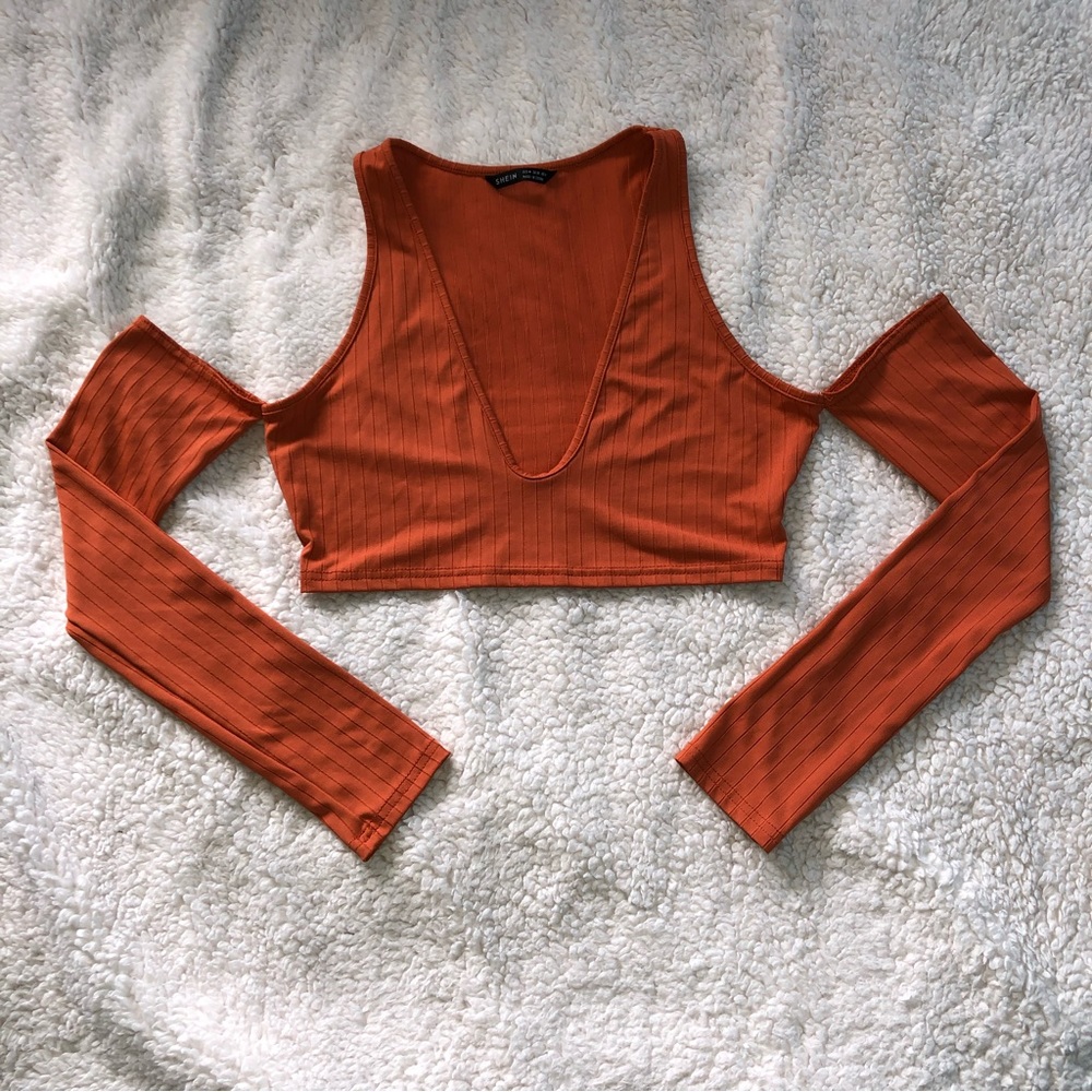 Orange off-shoulder long sleeve halter top